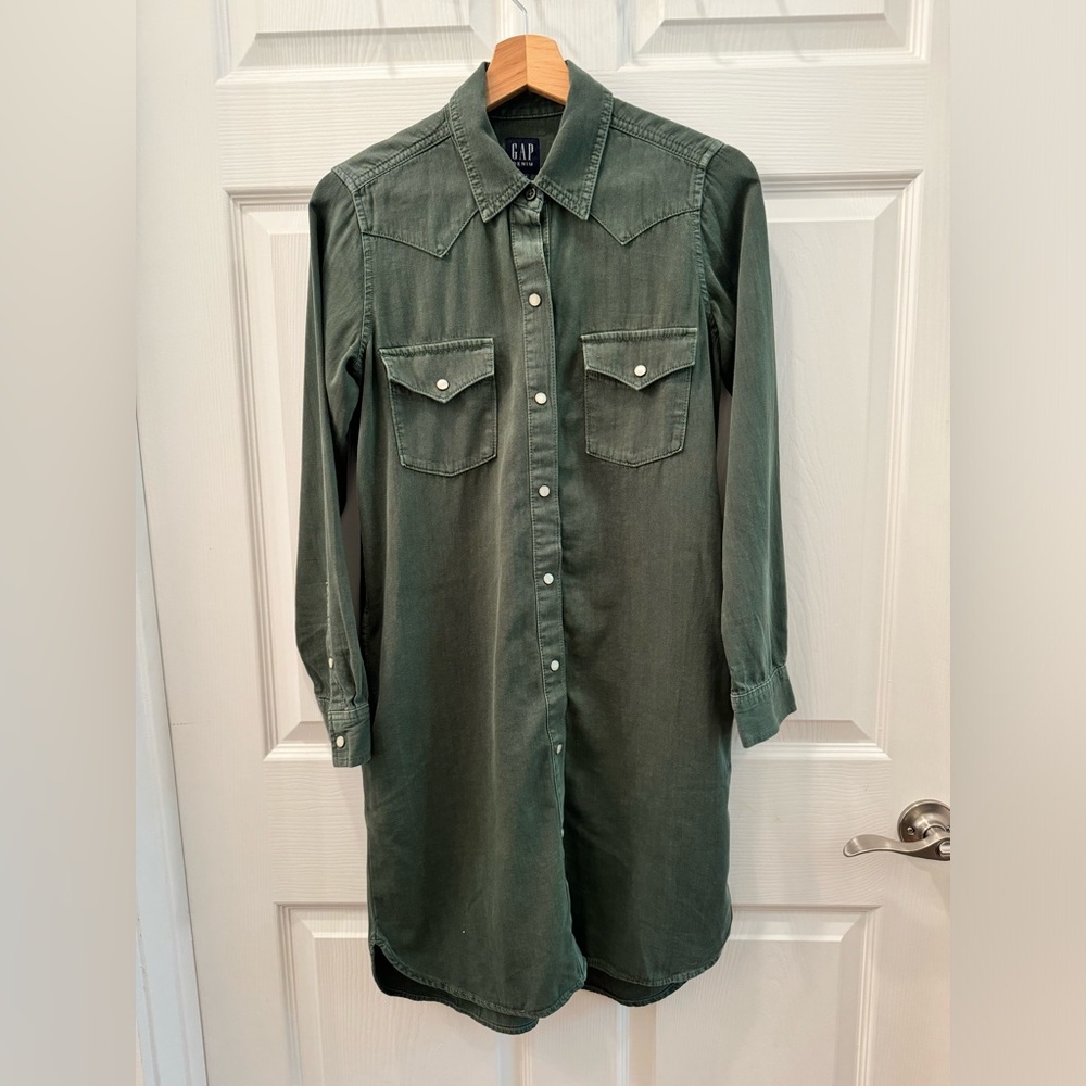 GAP Olive Green Button-Front Shirt Dress